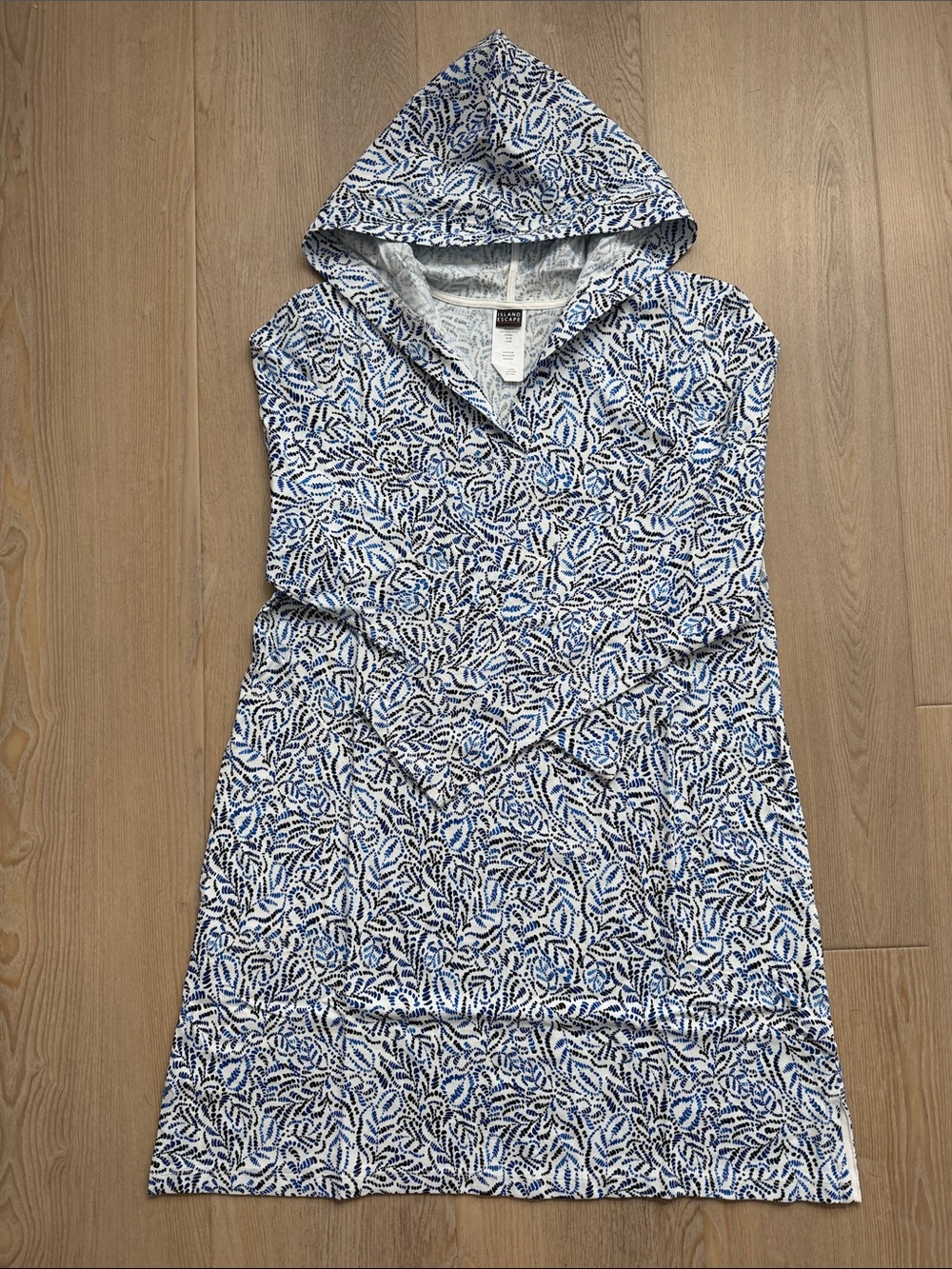 NWT Blue Leaf-Print Hooded Dress- Women's Casual Style